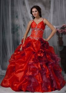 Cheap Spaghetti Straps Ruffled Beaded Red Quinceanera Dress